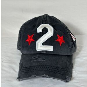Women's Distressed Black Baseball Cap with Baseball Patches & Ponytail Opening